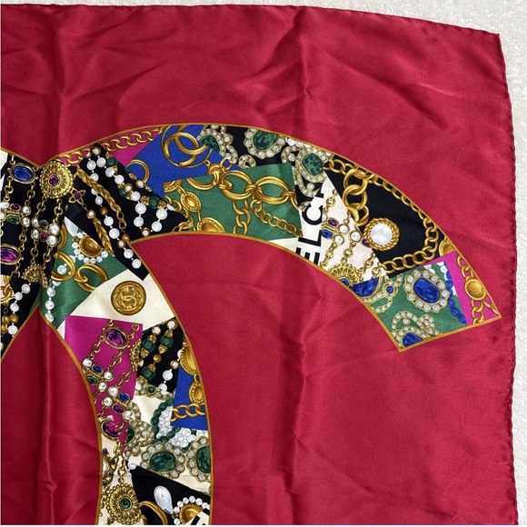 Chanel Silk Scarf Red with Coco Mark and Flowers White - Picture 4 of 5